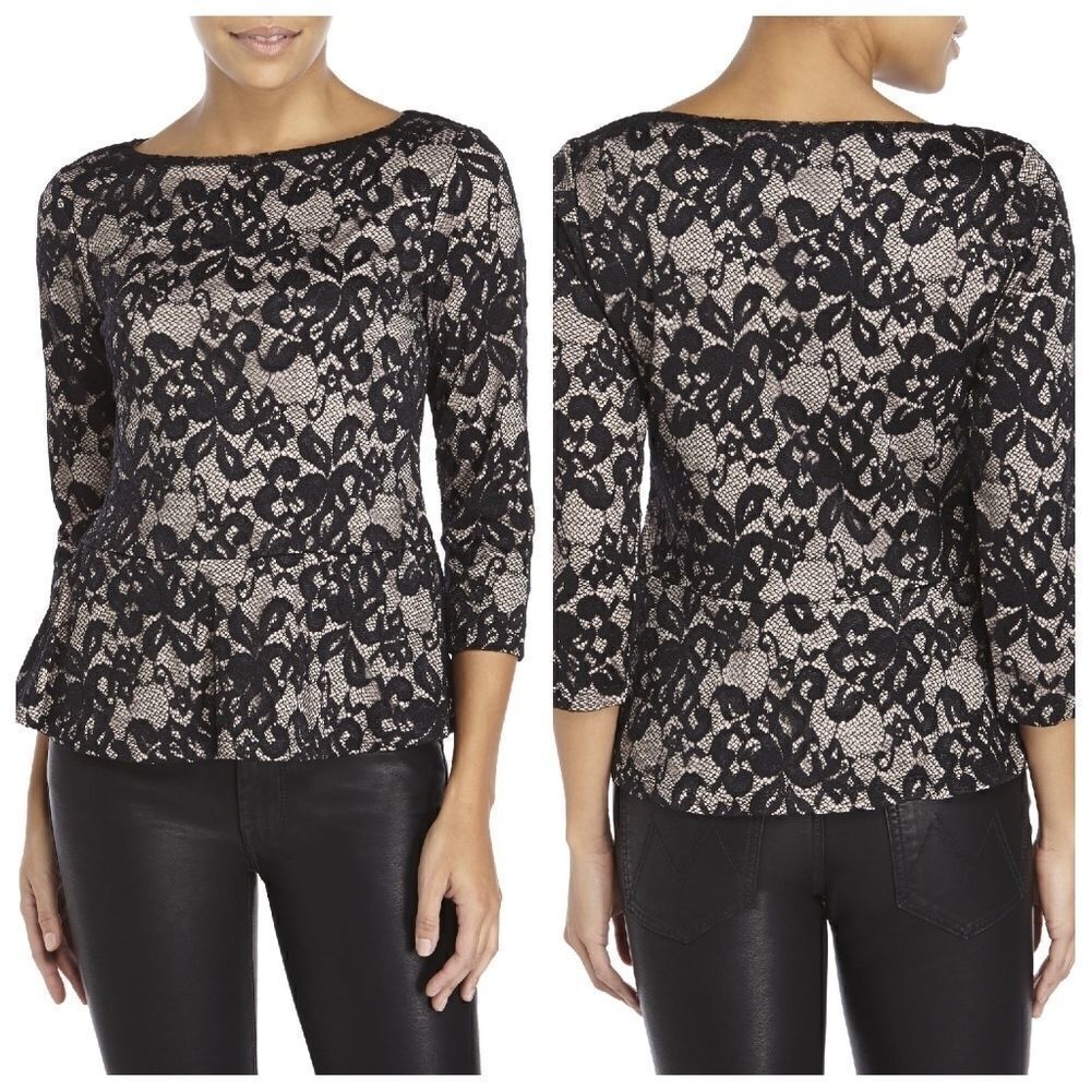 Ivanka Trump Black Lace Peplum Blouse Top Sz S